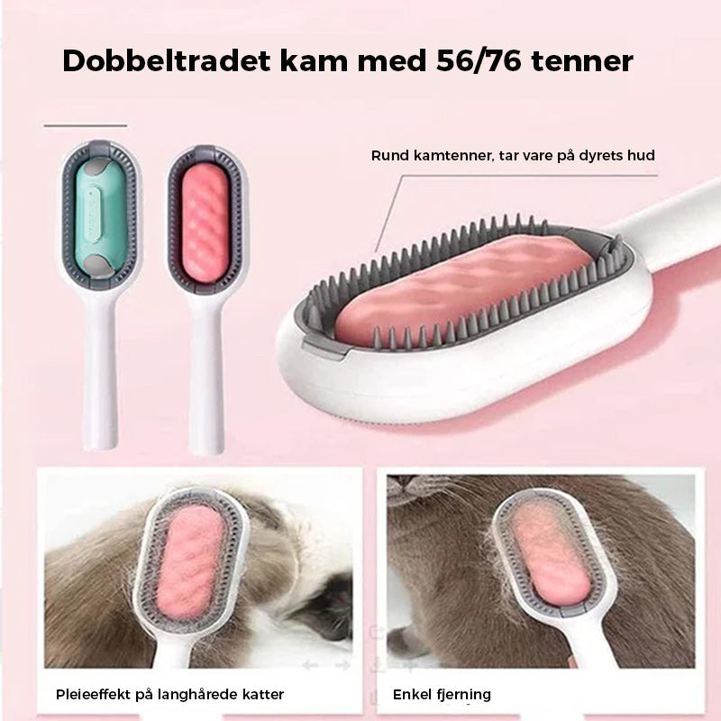 "Kjæledyrkam med vanntank, blå. Lett å bruke, fjerner hår og masserer pelsen. Komfortabel med myke tagger."