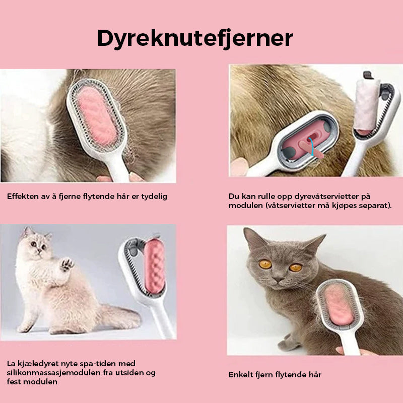 "Kjæledyrkam med vanntank, blå. Lett å bruke, fjerner hår og masserer pelsen. Komfortabel med myke tagger."