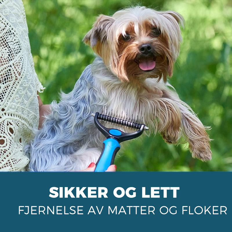 "Kjæledyrpleiebørste for hunder og katter, designet i blått og rosa, med stålblad for skinnende pels og enkel bruk."