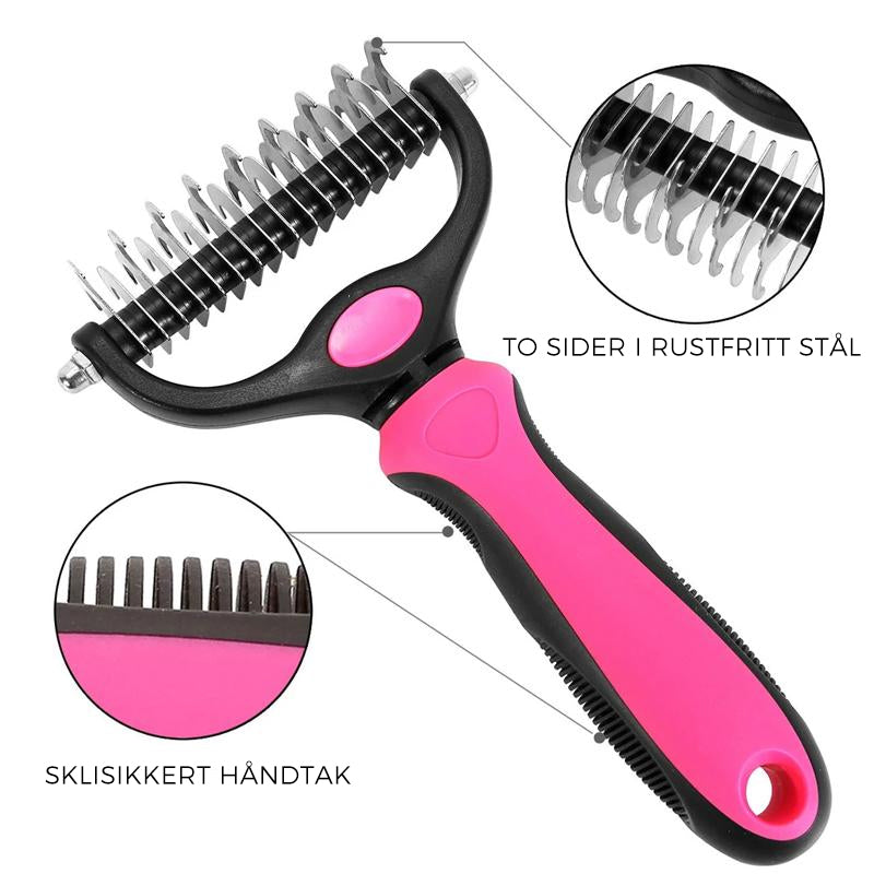 "Kjæledyrpleiebørste for hunder og katter, designet i blått og rosa, med stålblad for skinnende pels og enkel bruk."
