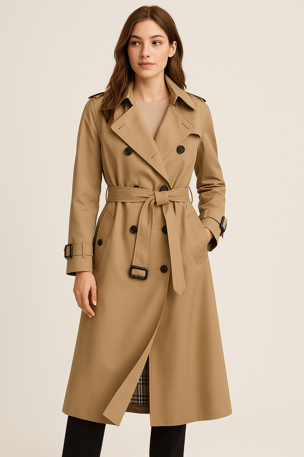 Lang beige trenchcoat for kvinner, klassisk design med belte og skulderklaffer, høst/vår-jakke.