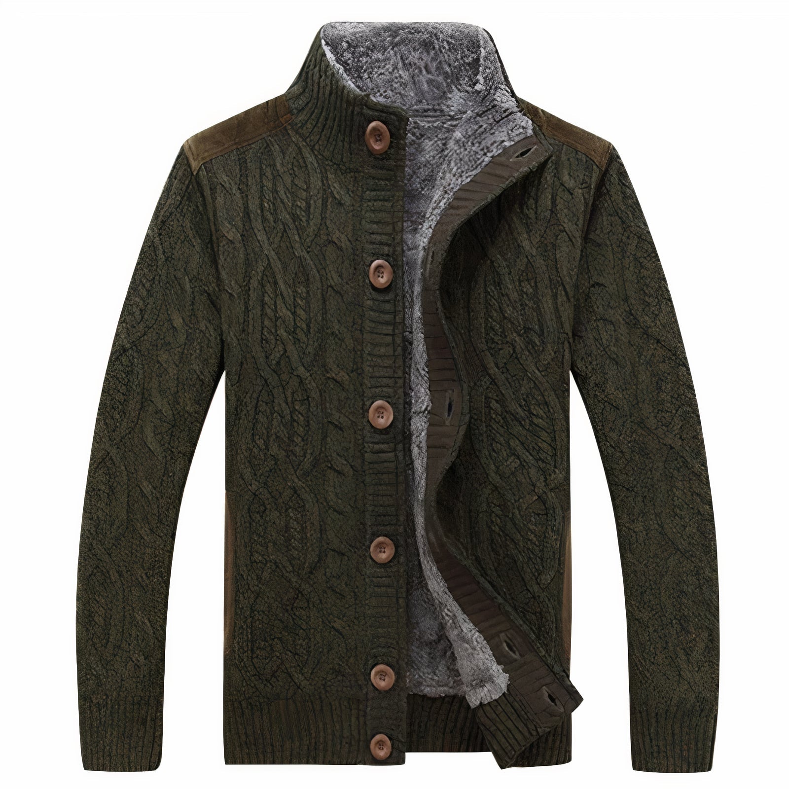 Klassisk grønn strikket herrecardigan, komfortabel og varm. Perfekt for høst og vinter.