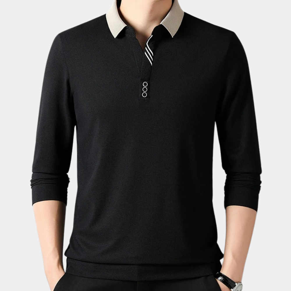 Elegant herre langermet poloskjorte; perfekt for kontorstil eller en avslappet kveld ute. Høy kvalitet.