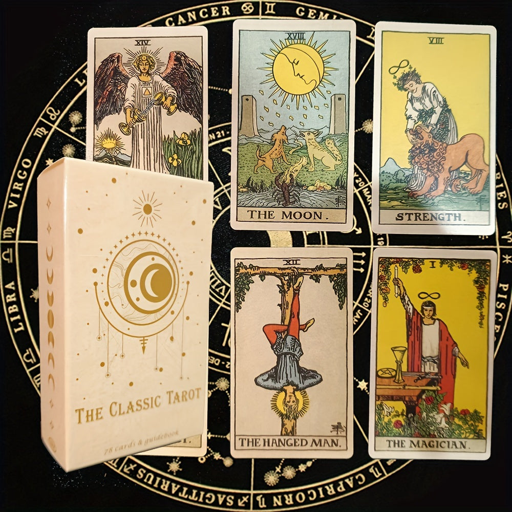 Komplett sett av 78 tarotkort, vakkert designet for meditasjon, spirituell innsikt og esoterisk veiledning.