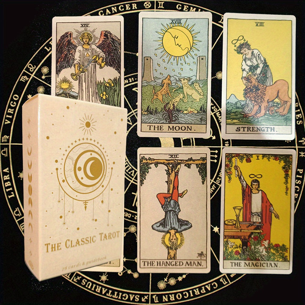 Alle 78 klassiske tarotkort spredt ut, med fokus på den rike grafikken og muligheter for dyp spirituell veiledning.