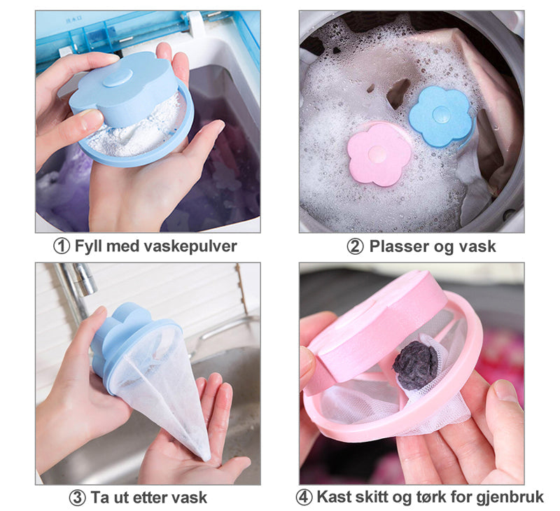 "Klesvask Lo & Dyrehår Fjerner fanger lo og hår, blå/rosa design, effektivt rengjøringsverktøy for vaskemaskinbruk."