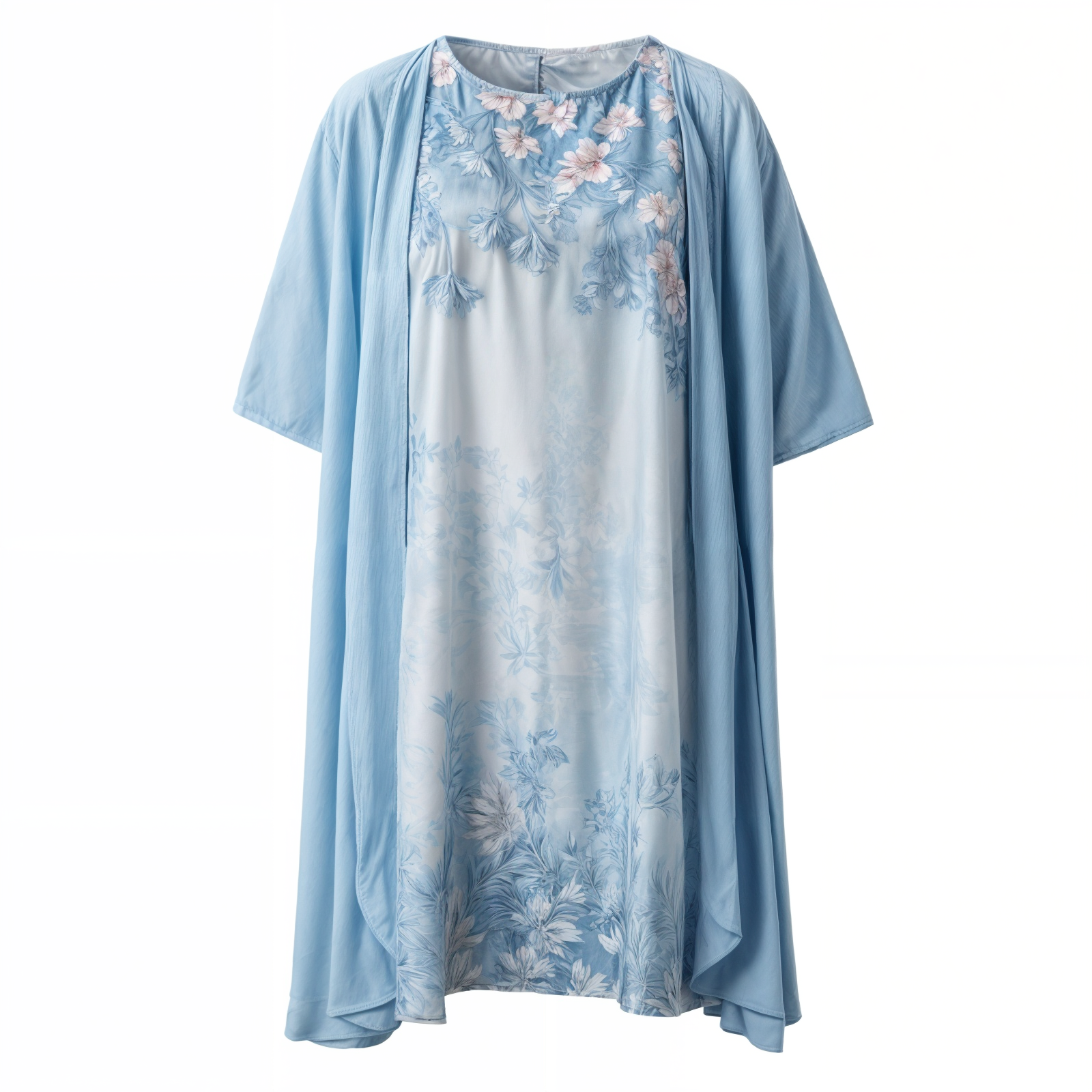 Knelang, elegant kvinnekjole med blomstertrykk og matchende cardigan, perfekt for sommerlige anledninger.