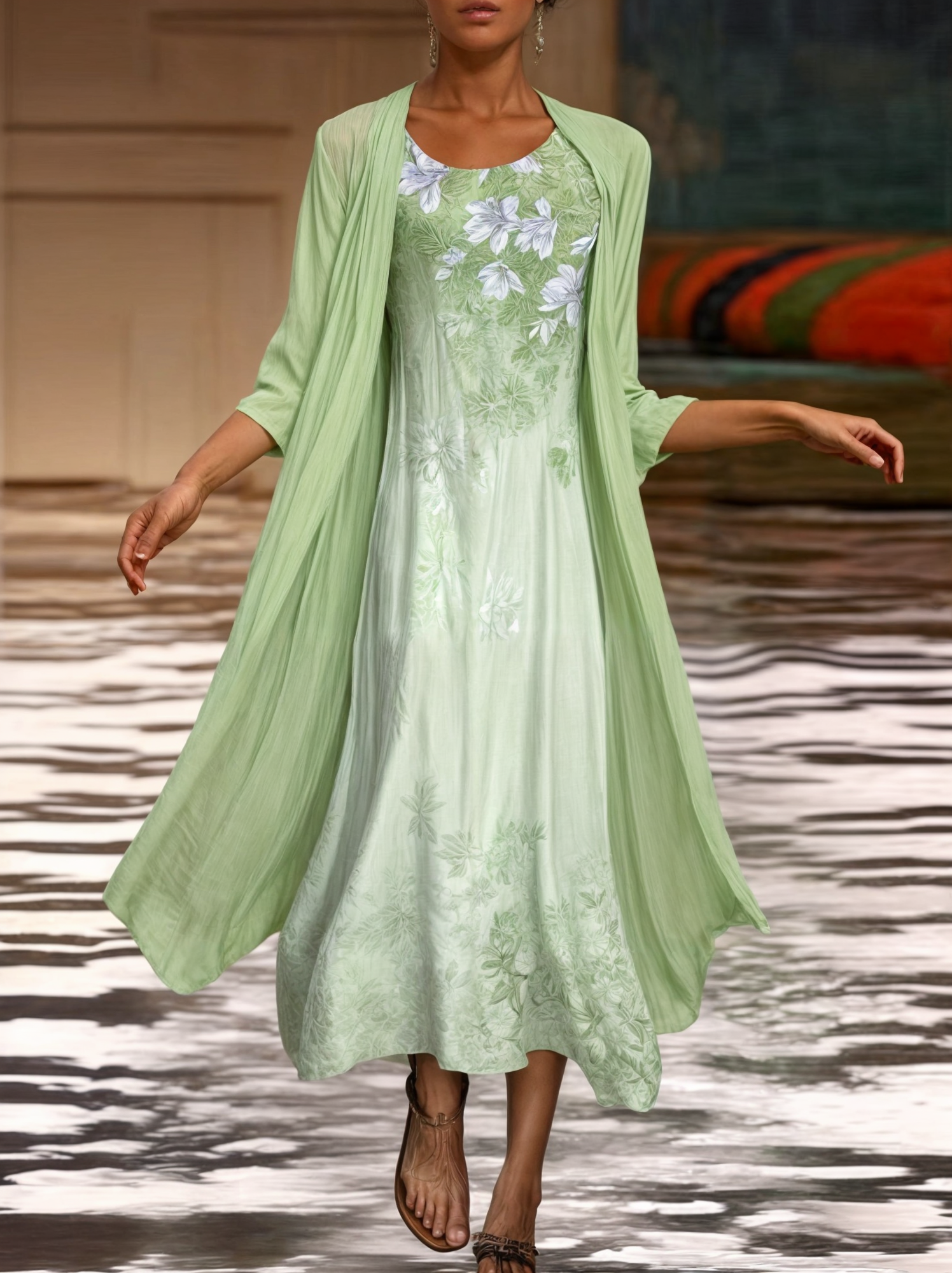 Moteriktig knelang kvinnekjole med levende blomstermønster og en enkel, matchende cardigan.