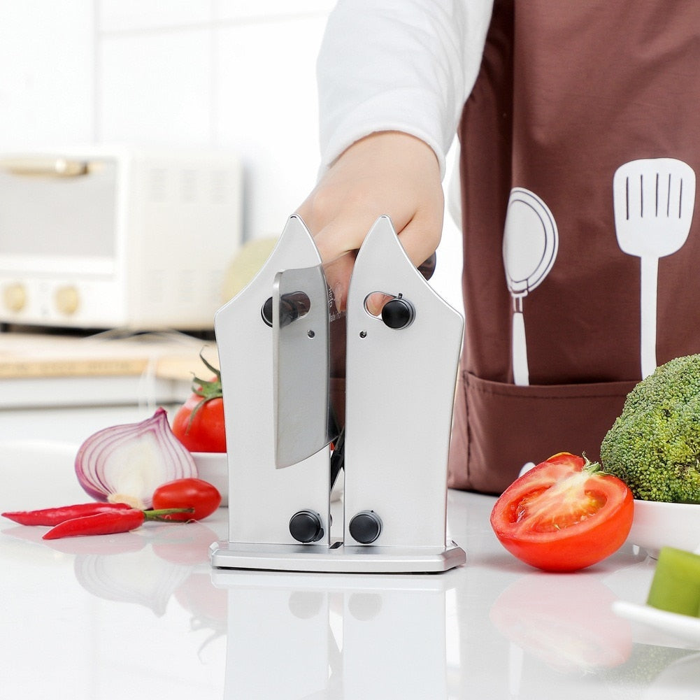Knivsliper med fjærbare stenger for alle knivtyper. Enkel i bruk. Kompakt design, perfekt for kjøkkenbruk.