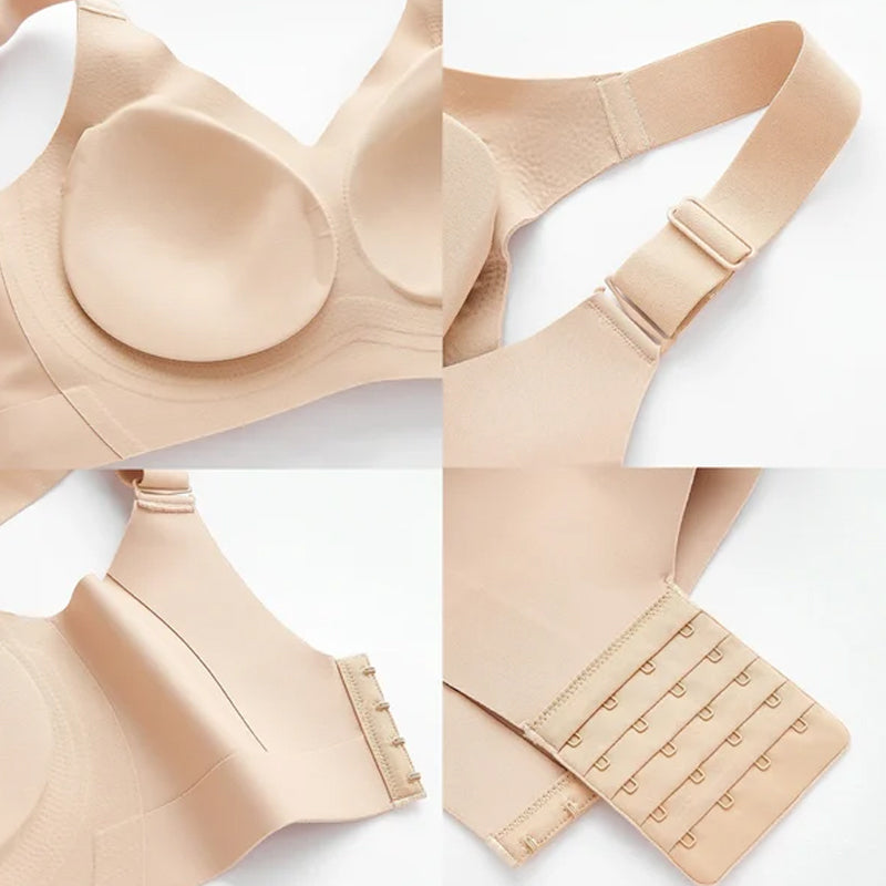 "Komfortabel trådløs BH med full dekning, sidesupport og anti-sag i beige nylon, perfekt for daglig bruk."