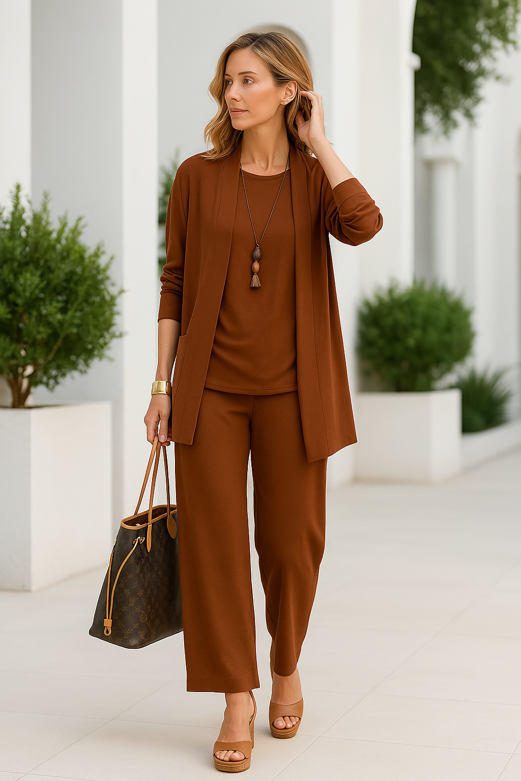 Moderne og allsidig 3-delt sett for damer. Elegant bukse, vest og topp for casual eller fritidsbruk.