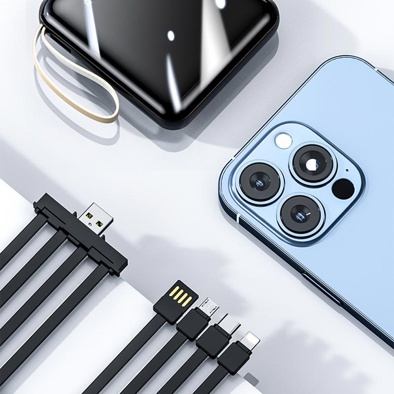 Bærbar powerbank 20000mAh, elegant design og praktiske integrerte ladekabler, sort farge