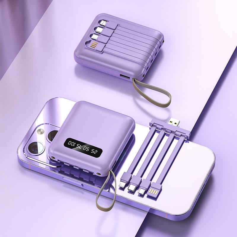 Smart 20000mAh minilader, innebygde kabler eliminerer behov for ekstra tilbehør, svart finish
