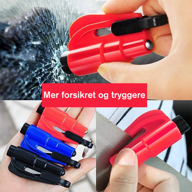 "Kompakt 3-i-1 livredningsnøkkelring for bil, med belteskjærer og vindusknuser, fargealternativer tilgjengelig."