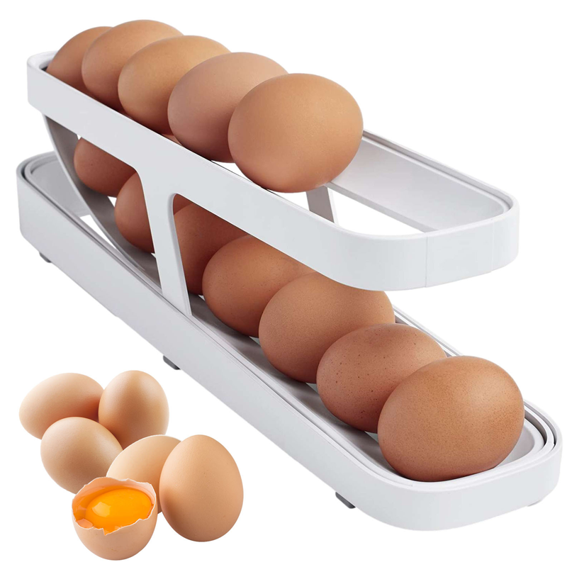 "Kompakt automatisk eggedispenser, to-lags design, plass til 14 egg. Praktisk og estetisk for moderne kjøkken."