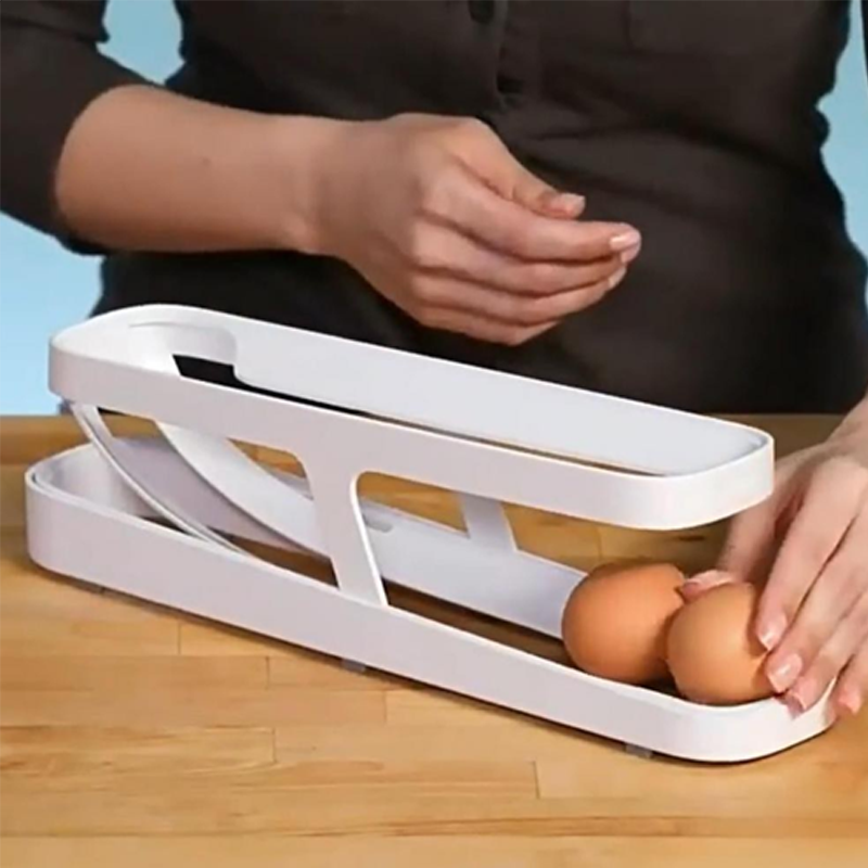 "Kompakt automatisk eggedispenser, to-lags design, plass til 14 egg. Praktisk og estetisk for moderne kjøkken."