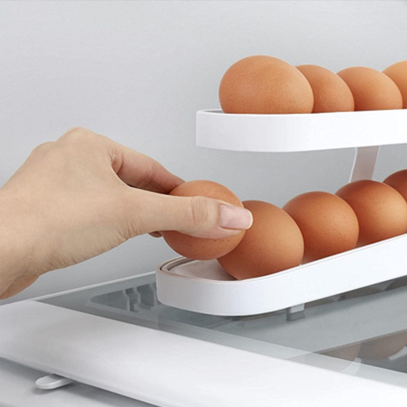 "Kompakt automatisk eggedispenser, to-lags design, plass til 14 egg. Praktisk og estetisk for moderne kjøkken."