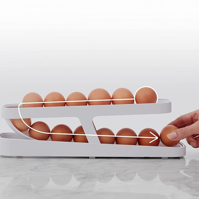 "Kompakt automatisk eggedispenser, to-lags design, plass til 14 egg. Praktisk og estetisk for moderne kjøkken."