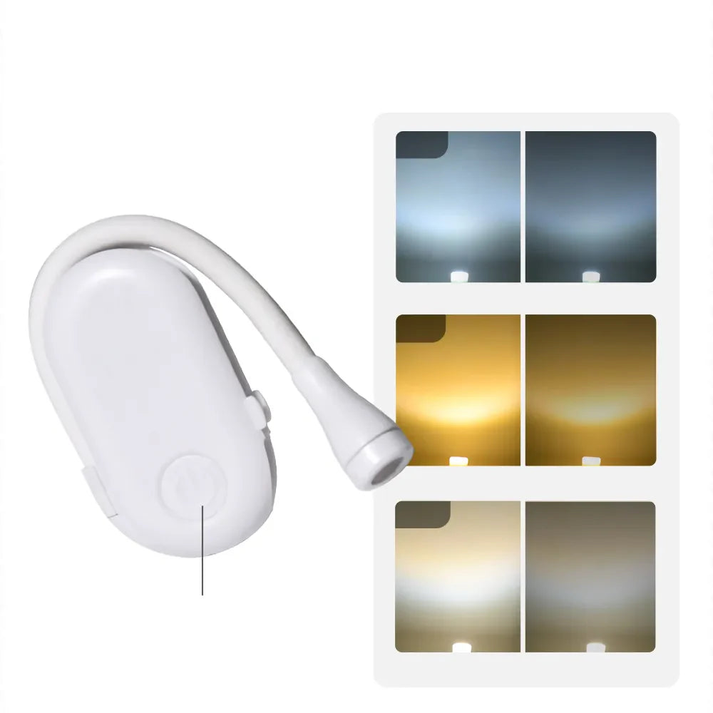 Kompakt, justerbar LED klipsboklampe for lesing. Bærbar, oppladbar med USB. Ideell for nattlesing og reise.