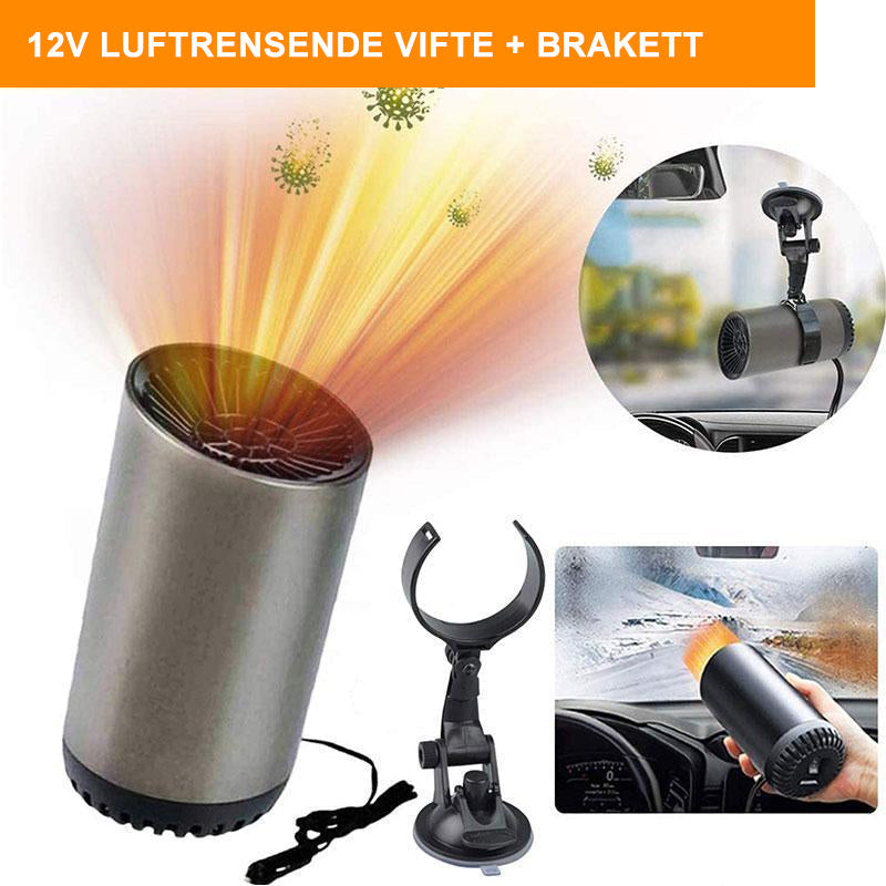 "Kompakt koppformet varmluftblåser til bil. Rask oppvarming og flerbruksdesign passer i koppholderen din."