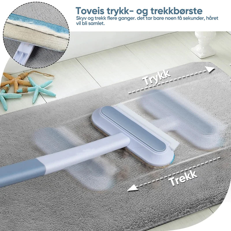 "Kompakt lyseblå kjæledyrhårfjerner på mørkt teppe, effektiv løsning for fjerning av kjæledyrhår fra møbler og tekstiler."
