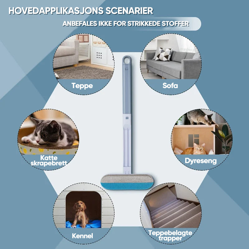 "Kompakt lyseblå kjæledyrhårfjerner på mørkt teppe, effektiv løsning for fjerning av kjæledyrhår fra møbler og tekstiler."