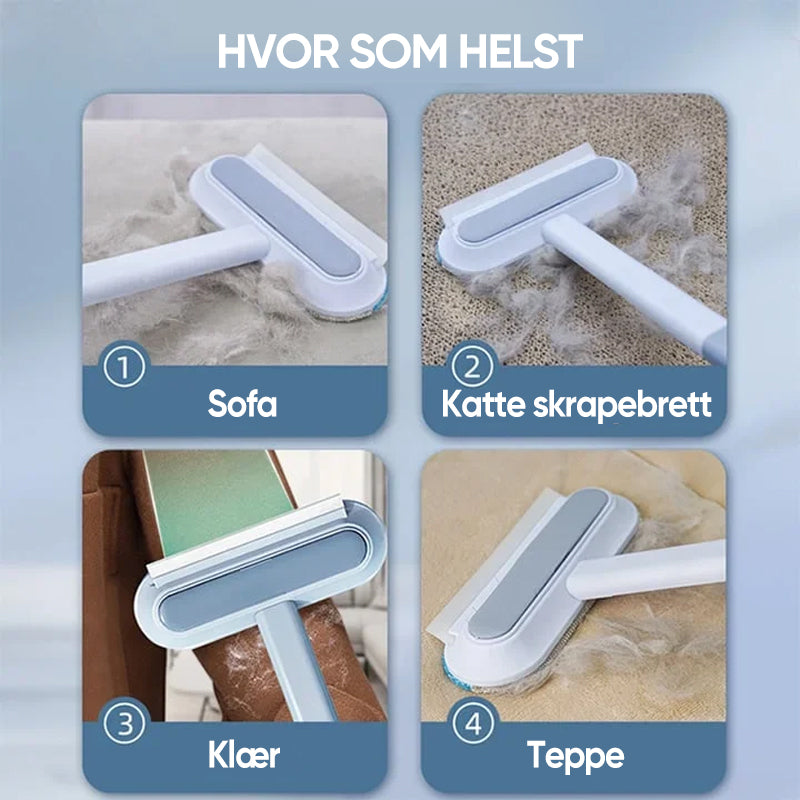 "Kompakt lyseblå kjæledyrhårfjerner på mørkt teppe, effektiv løsning for fjerning av kjæledyrhår fra møbler og tekstiler."