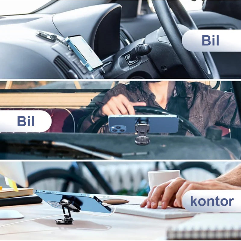 "Kompakt magnetisk telefonholder for bil, 360° rotasjon, sterk magnet, justerbar, svart, gir optimal synsvinkel, stilfull."