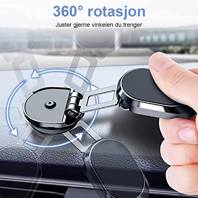 "Kompakt magnetisk telefonholder for bil, 360° rotasjon, sterk magnet, justerbar, svart, gir optimal synsvinkel, stilfull."