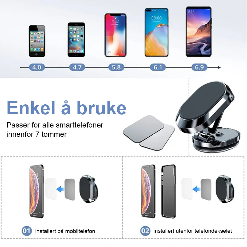 "Kompakt magnetisk telefonholder for bil, 360° rotasjon, sterk magnet, justerbar, svart, gir optimal synsvinkel, stilfull."