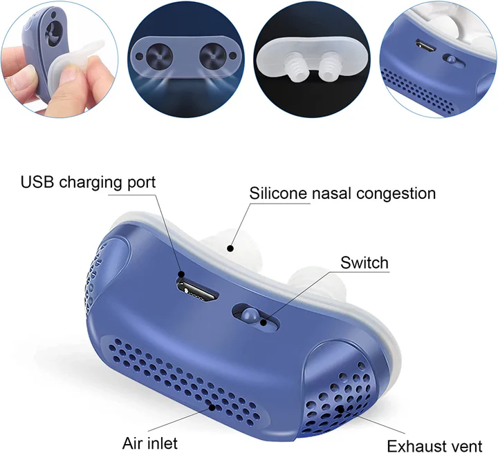 "Kompakt mikro CPAP-enhet i blått, rødt eller hvitt for snorking, laget av medisinsk silikon, ideell for reiser."