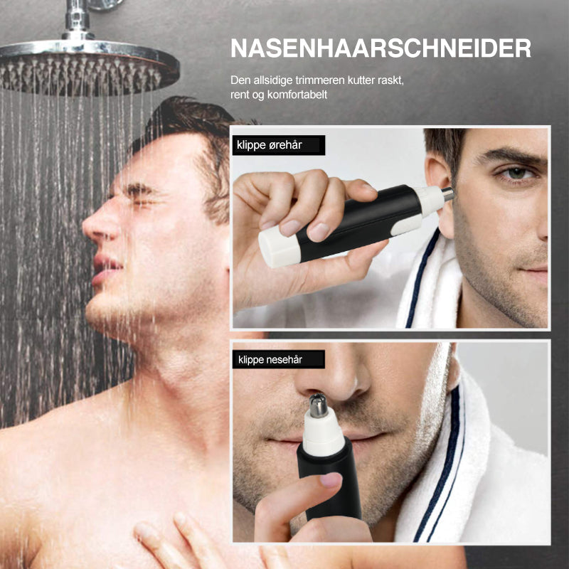 "Kompakt nese- og ørehårtrimmer i elegant svart for presis og smertefri grooming, ideell til daglig og reisebruk."