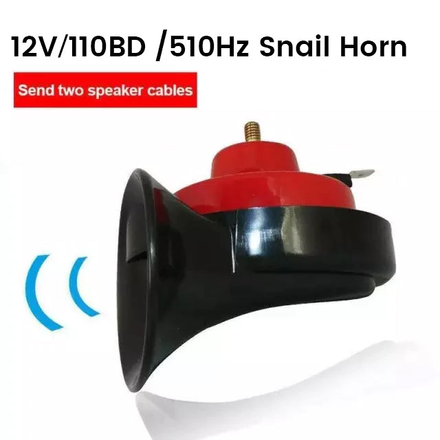 "Kompakt og kraftig bilhorn med svart-rød design, ekstrem lydstyrke, enkel installasjon, perfekt for biler og motorsykler."