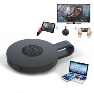 Kompakt, rund strømenhet for 1080p HD videostrømming direkte til TV, kobles via HDMI, fungerer med smarttelefoner.
