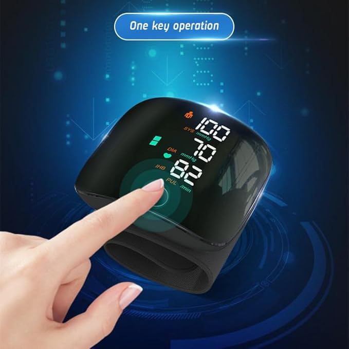 Brukervennlig håndledds blodtrykksmåler i svart design, perfekt for måling av blodtrykk hjemme eller på farten.