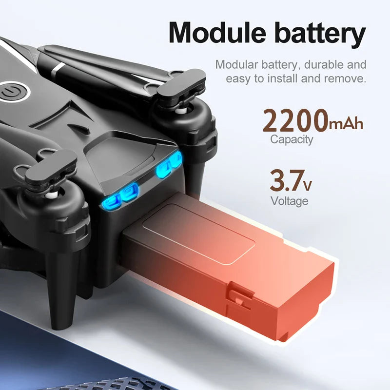 Frontvisning av unisex mini drone, fremhever 8K kameraet og glatt svart uteutstyr design