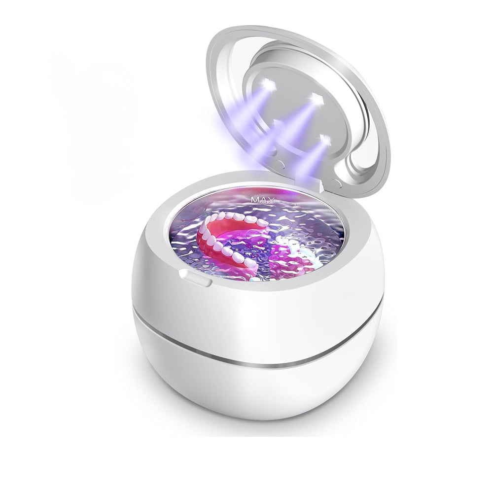 Kompakt ultralydrenser for proteser med UV-sterilisering, hvit og lyseblå, for dyp munnhygiene.