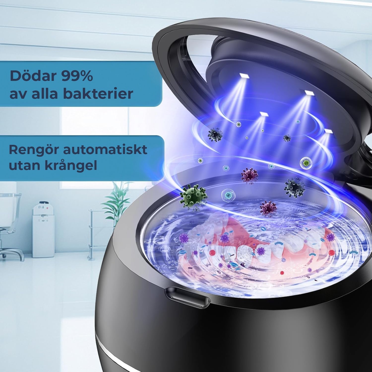 Proteserenser ultralyd med UV, renser effektivt bittskinner og annet munnhelseutstyr.