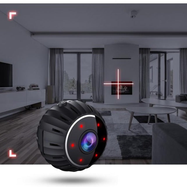 "Kompakt WiFi mini-sikkerhetskamera med 1080P HD, svart design, bevegelsesdeteksjon og infrarødt nattsyn."