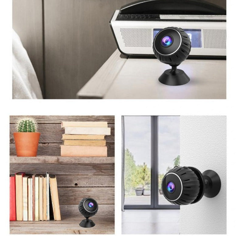 "Kompakt WiFi mini-sikkerhetskamera med 1080P HD, svart design, bevegelsesdeteksjon og infrarødt nattsyn."
