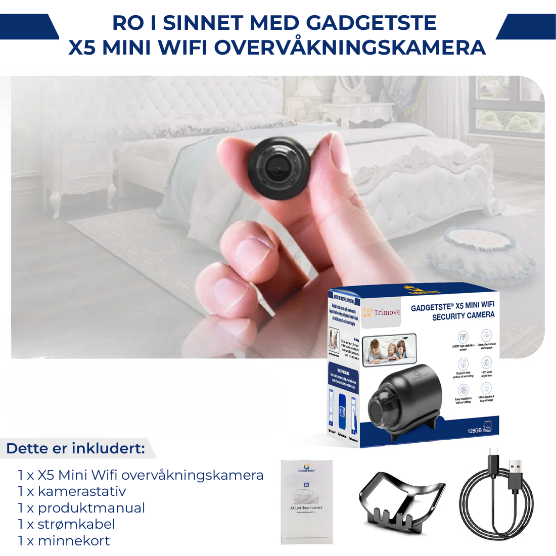 "Kompakt X5 Mini WiFi sikkerhetskamera med 1080P HD, nattsyn, og sanntidsvarsler, svart og elegant design."