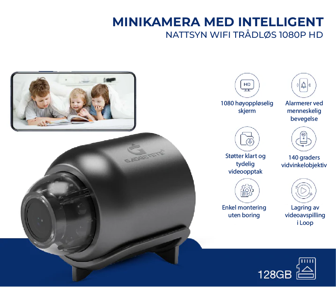 "Kompakt X5 Mini WiFi sikkerhetskamera med 1080P HD, nattsyn, og sanntidsvarsler, svart og elegant design."