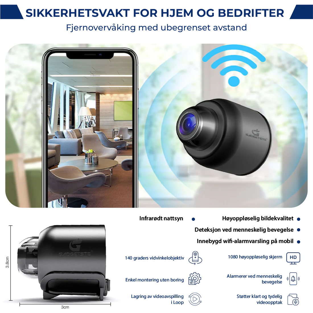 "Kompakt X5 Mini WiFi sikkerhetskamera med 1080P HD, nattsyn, og sanntidsvarsler, svart og elegant design."