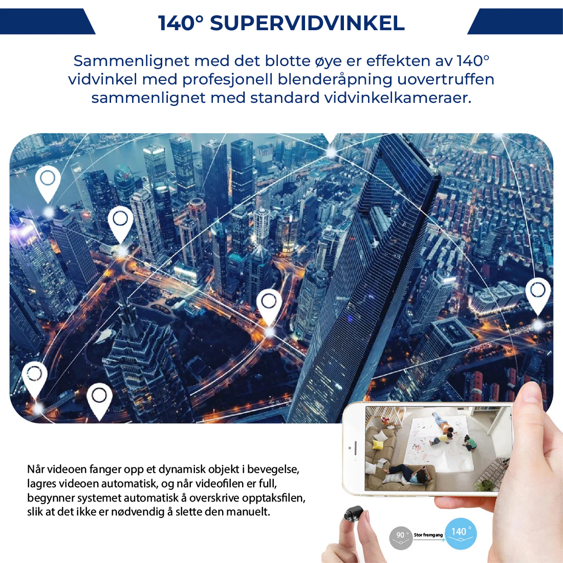 "Kompakt X5 Mini WiFi sikkerhetskamera med 1080P HD, nattsyn, og sanntidsvarsler, svart og elegant design."