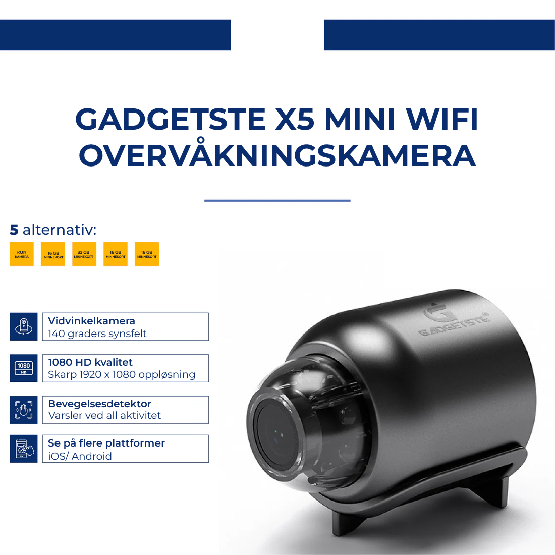"Kompakt X5 Mini WiFi sikkerhetskamera med 1080P HD, nattsyn, og sanntidsvarsler, svart og elegant design."