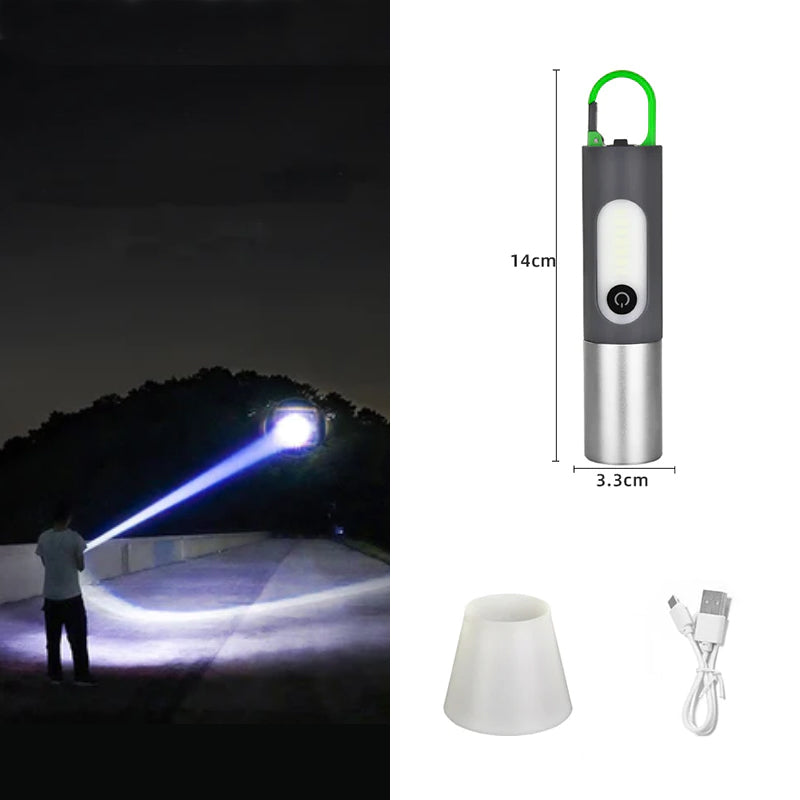 "Kompakt zoombar LED-lommelykt med 1000 lumen, USB-C lading, laget av anodisert aluminium for holdbarhet."