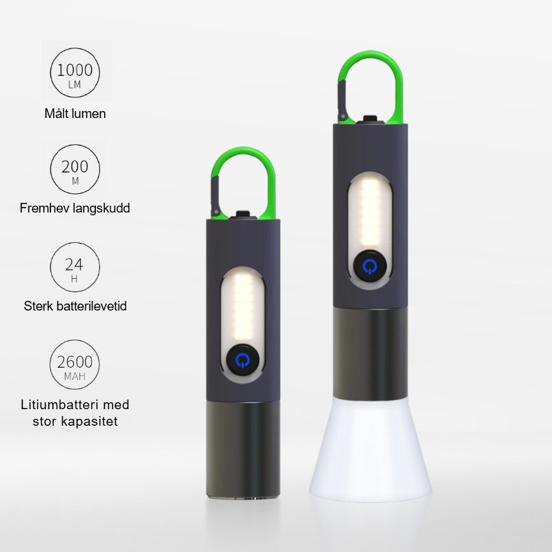 "Kompakt zoombar LED-lommelykt med 1000 lumen, USB-C lading, laget av anodisert aluminium for holdbarhet."