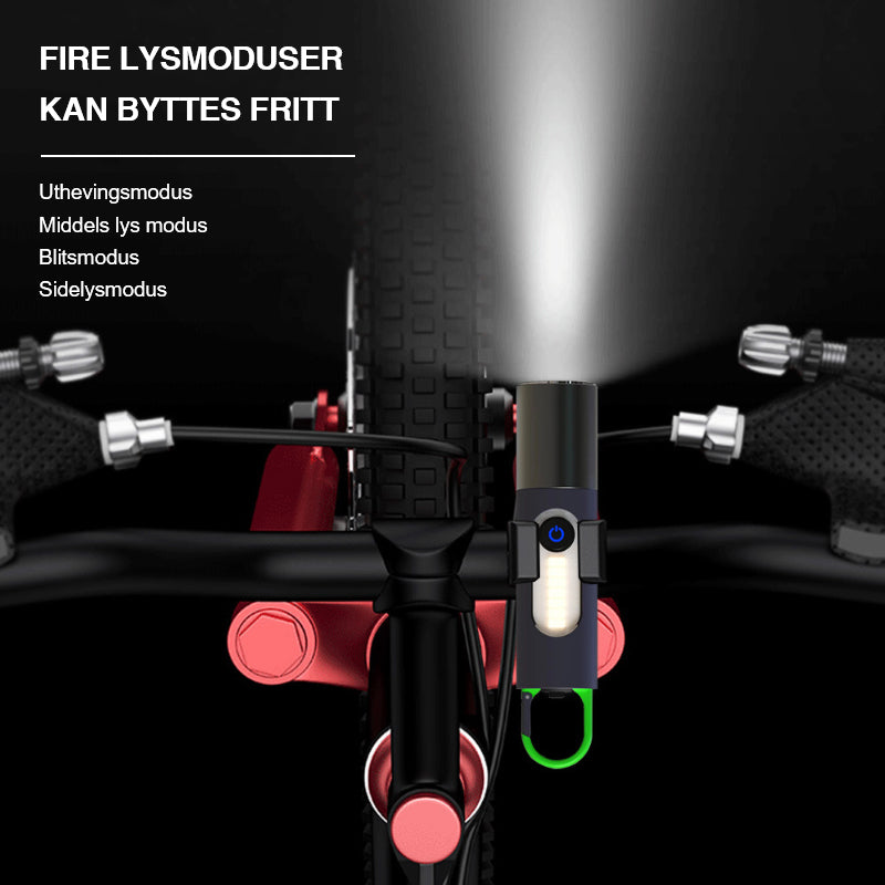 "Kompakt zoombar LED-lommelykt med 1000 lumen, USB-C lading, laget av anodisert aluminium for holdbarhet."
