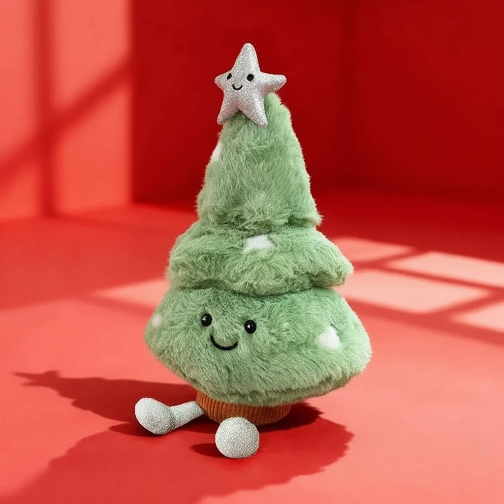 En glad grønn plysj juletrefigur, perfekt for å skape en koselig vinterstemning julepynt.