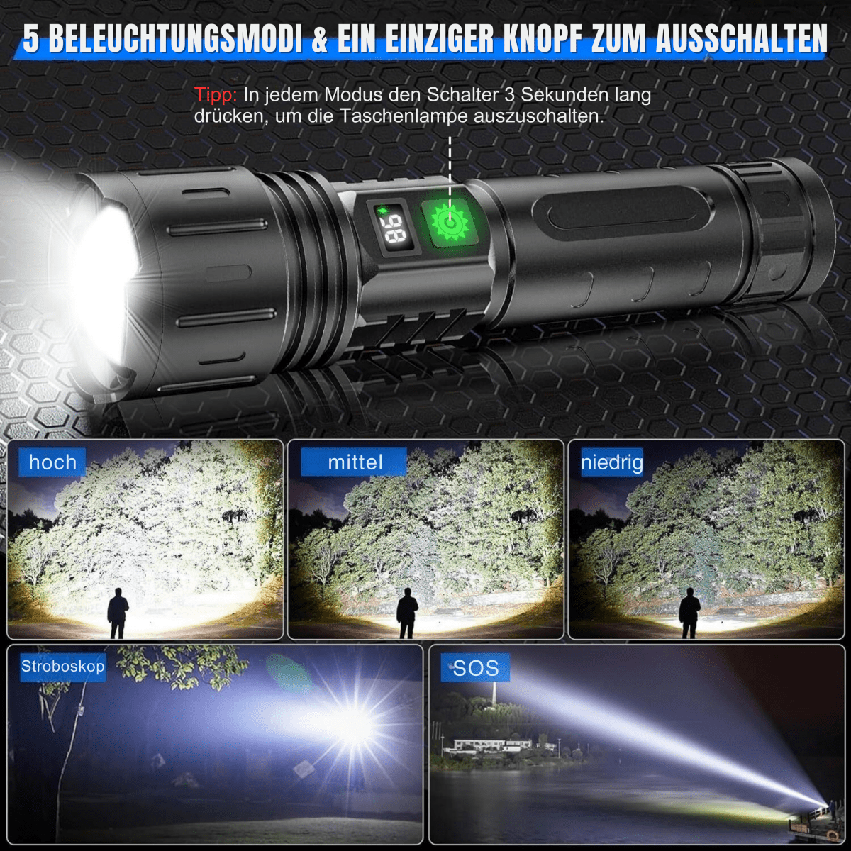 Robust LED-lommelykt 100 000 lumen, designet for tøffe forhold, camping og eventyr.